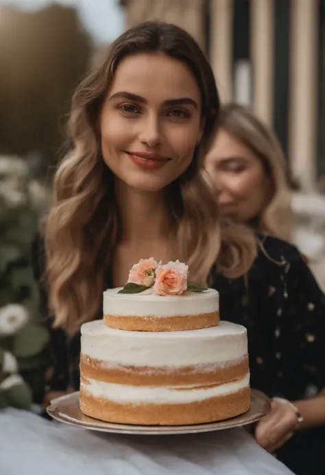 There is a woman standing next to a man holding a cake, 30-year-old french woman, taken in the early 2020s, environ 1 9 ans, environ 20 ans, Portrait Sophie Mudd, Photo prise en 2018, Photo de profil, very slightly smiling, Fille de 19 ans, Julia Sarda