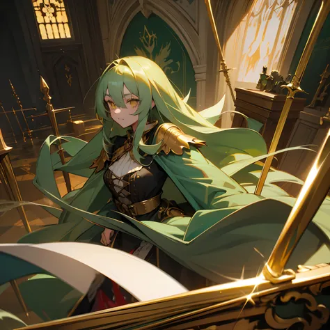 green long hair，2D Beautiful Girl，Golden pupils，Inside the bloodstained laboratory，Silver Rapier，Corpse of a monster