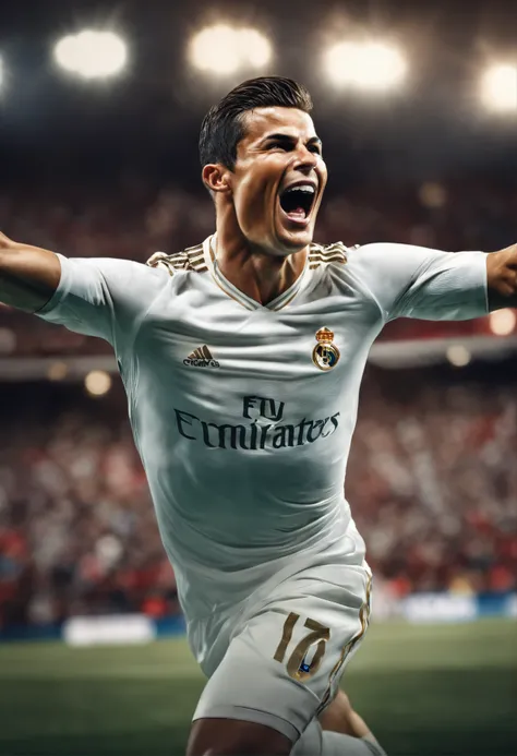 best quality, 8k ultra-detailed, masterpiece:1.2, portrait, Cristiano Ronaldo, vivid colors, realistic lighting, professional, soccer star, intense expression, muscular physique, national team jersey, intense competition, stadium, flying ball, sweaty foreh...