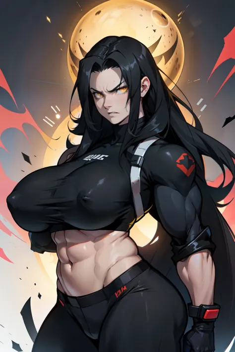 ((muscular)) 1 girl huge breasts black hair yellow eyes pale skin very long hair angry