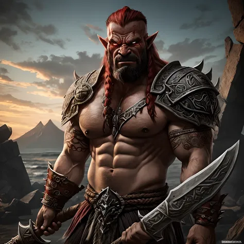 Berserker, Barbarian Orc,  Arte de Fantasia, of his gaze alone enemies beginning to panic, one head, devilish smile, besta do inferno, demonio, White Fire Sky, guerreira, com foice e escudo, Lindo, orcs, Werelion, Long red braided hair, olhos dourados bril...