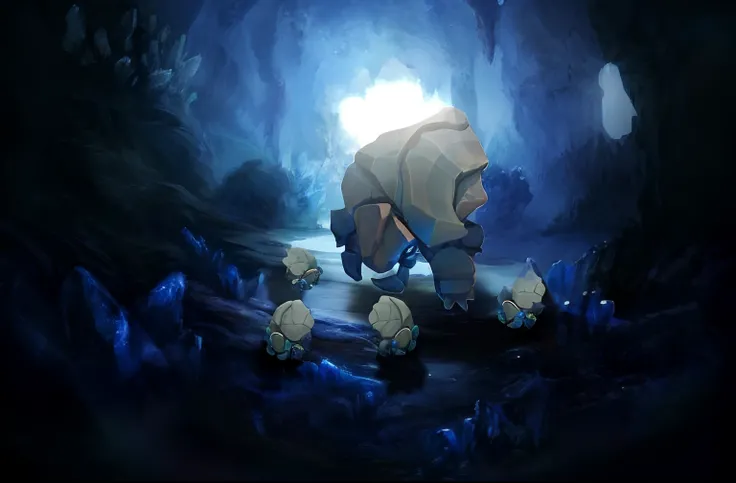 There is an elephant that is standing in a cave with other animals, Pedras brilhantes da caverna, em uma caverna gelada, underwater crystal caverns, arte conceitual luminescente, Caverna de cristal brilhante, cave exploration, fundo da caverna, tardigrade ...