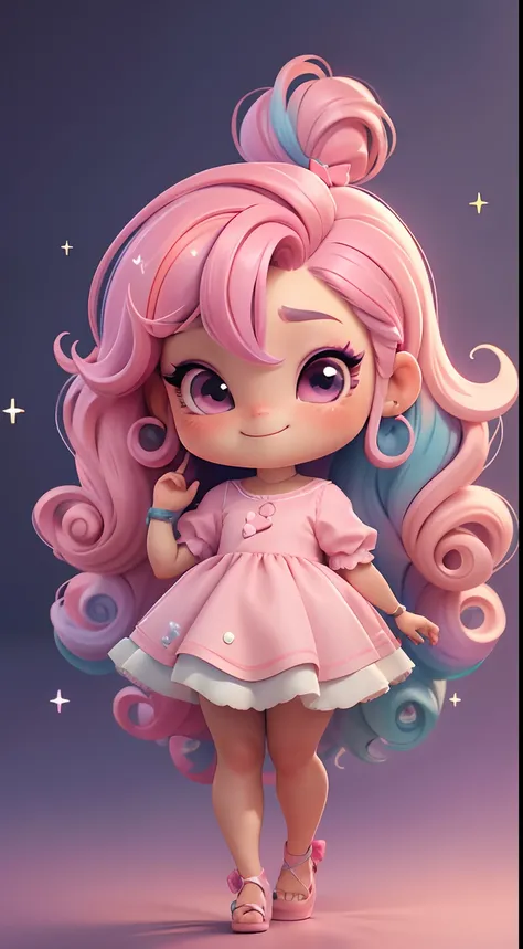 Uma menina chibi, vestido rosa, cabelos grandes, Rainbow hair colors, sapatilhas, pink hair bow, Glitter, sorrir, Cute unicorn next door.