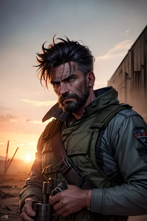 (soldier),man,tired,scruffy beard,facial scars,burnt,course hair,gray hair,grayish hair,angry expression,nervous,(best quality,4k,8k,highres,masterpiece:1.2),ultra-detailed,(realistic,photorealistic,photo-realistic:1.37),dark lighting,war scenery,deserted ...