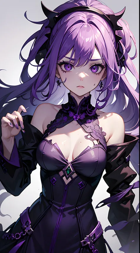 A female undead with purple hair, white eye, Wearing green skull ward, Wearing sweaty purple Warlock Dress, Graveyard Background, Confused Emotion mood, Sassy, sexy, detailed eyes, detailed face,very detailed, High Detail.