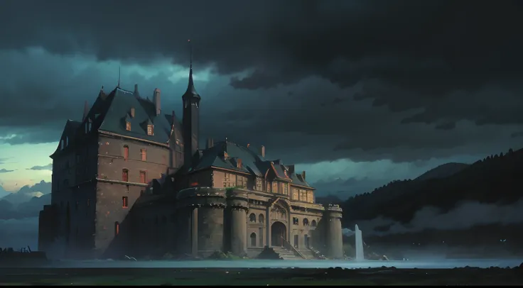 cartoon style, 1 castle, scary castle, horror scene, dark setting, fog, storm clouds, lightning, abandoned castle, ruined castle,