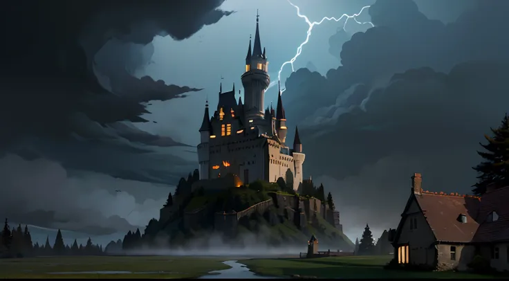 cartoon style, 1 castle, scary castle, horror scene, dark setting, fog, storm clouds, lightning, abandoned castle, ruined castle...