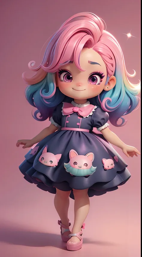 Uma menina chibi, vestido rosa, cabelos grandes, Rainbow hair colors, sapatilhas, pink hair bow, Glitter, sorrir,