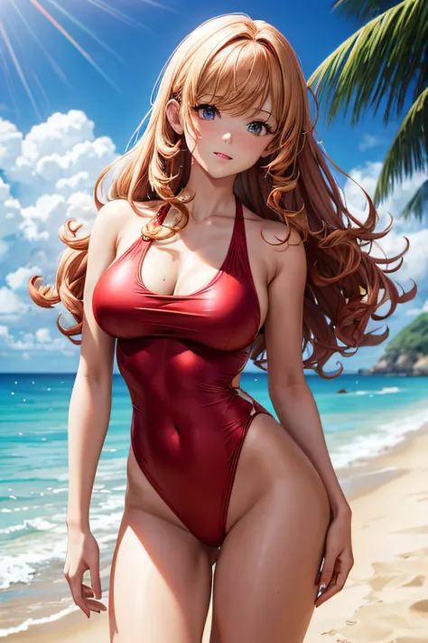 Full bodied woman. skimpy red swimsuit. Beach background. curly blonde hair.