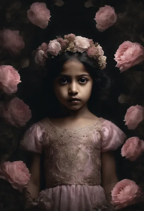 An Indian child happily running towards the camera, Well-detailed face, Entre les fleurs, with cinematic light. The stage is filled with pink-colored flowers. The childs face is detailed, avec de beaux yeux, nez, and lips. Les fleurs sont en pleine florais...