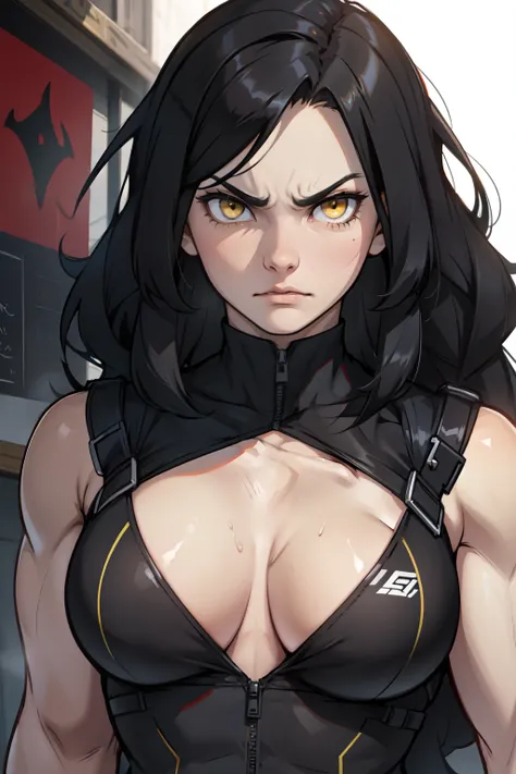 1 girl bubbly breasts black hair yellow eyes pale skin very long hair angry ((muscular))