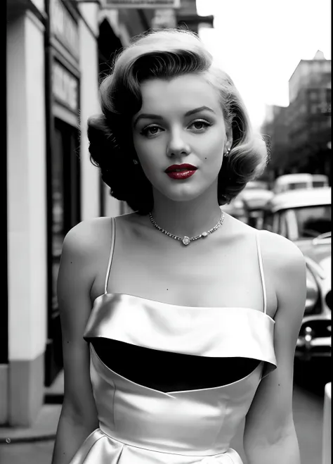 paparazzi photo of marilyn monroe posing for a photo shoot on a new york street, very diffuse light, skin moles, sensual, no cle...