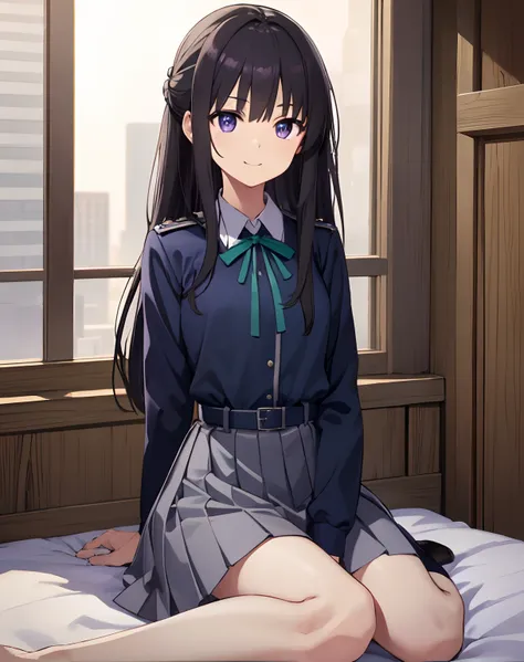 takinainoue, Inoue Takina, Long hair,(((low twin tales))), bangs, Black hair, (Purple eyes:1.2), BREAK  shirt, Long sleeves, dress, ribbon, school uniform, White shirt, Collared shirt, belt, Neck ribbon,half updo, Blue dress, Green Ribbon, Pleated dress, g...