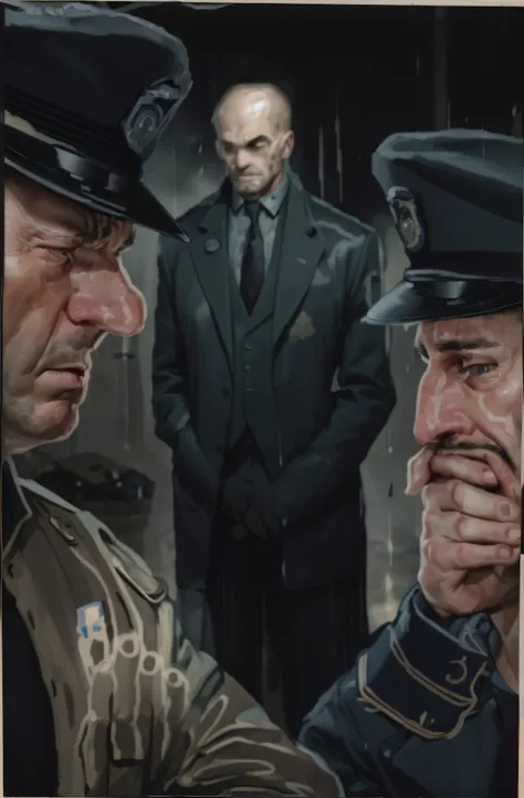 two police officers with sad faces and making a disgusted face because of a bad smell in the foreground, in the background Lieutenant Gordom with his head down and a sad face, The atmosphere is dense and full of tension and rain, with greenish lighting cre...