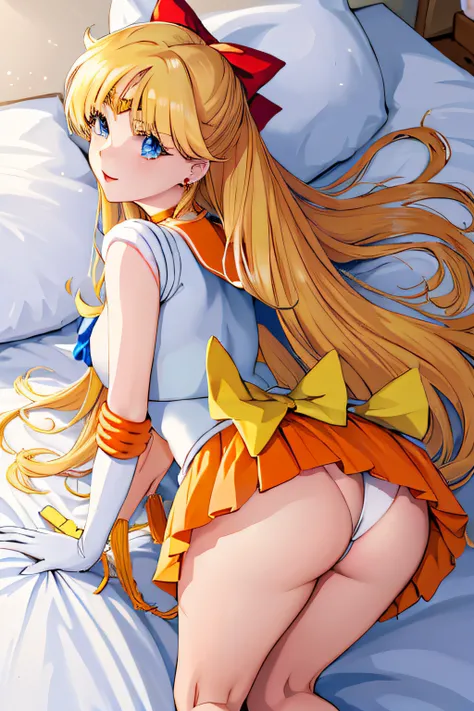 masterpiece, best quality, high resolution, venus1, 1 girl, solo, sailor senshi uniform, sailor venus, aino minako, blonde hair, magical girl, blue eyes, orange skirt, elbow-length gloves, tiara, pleated skirt, bow for hair, orange sailor necklace, miniski...