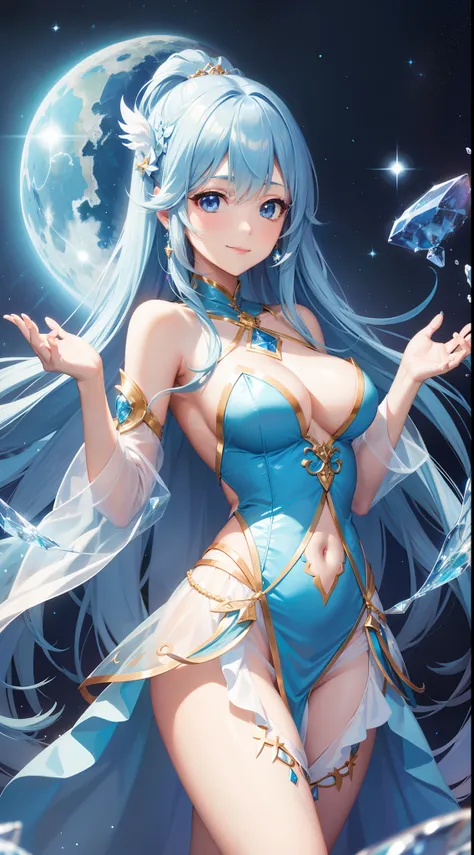 Pretty girl、A charming smile、Blue Long Hair、Engaging pose、Blue and white costume、Fantasia、Crystal jade、constellation、a moon、Fantastic background