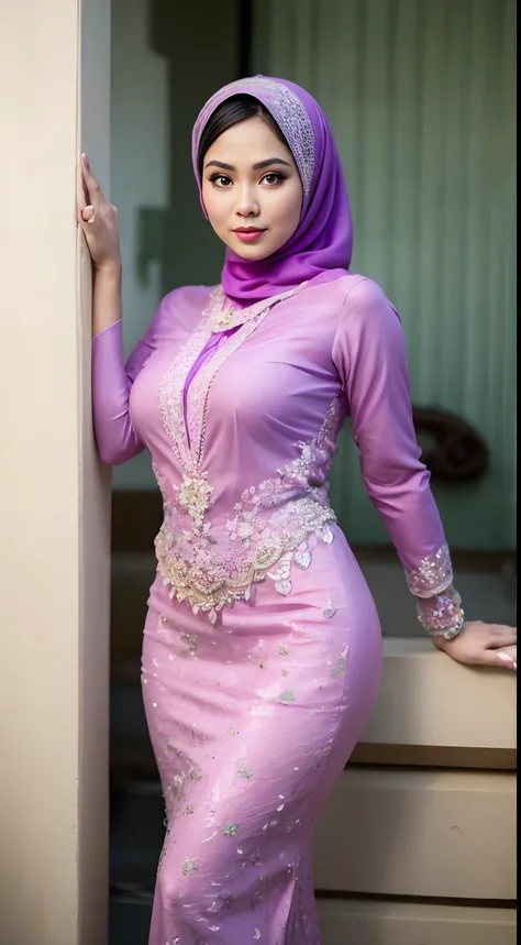 RAW, Best quality, high resolution, Masterpiece: 1.3), Beautiful Malay woman in hijab, Masterpiece, Perfect slim body, (Big breasts), Beautiful big eyes, Soft smile, Masterpiece:1.2, Best quality), Realistic, , Intricate details, Depth of fiel, modern plai...