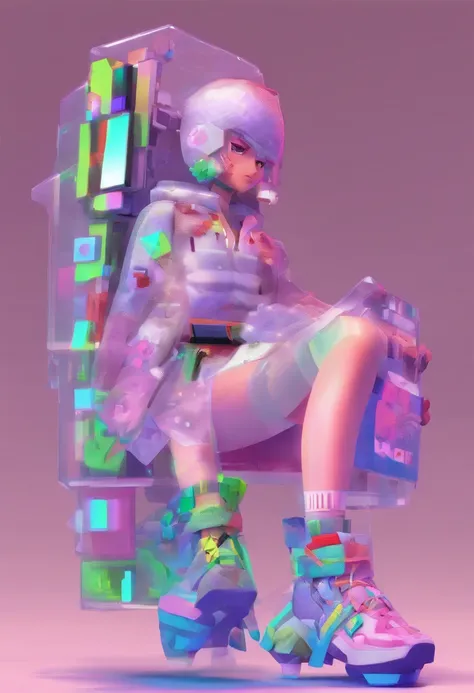 Beautiful girl wrapped in transparent plastic, Chibi, Translucent Fluorescent Sports Fashion Trend Clothing, usando sapatos Nike, cor do doce, fundo simples e brilhante, Brinquedos 3D, estilo cyberpunk, cinema4d, octan render, Modelo 3D, Collectible toys,n...