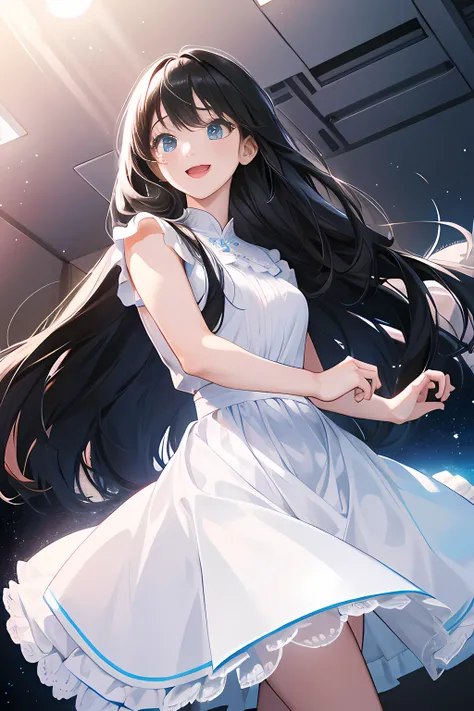 1 girl, high res, long black hair, blue eyes, wearing cute white dress, public speaking, happy and excited, ultrasharp, 8K, masterpiece