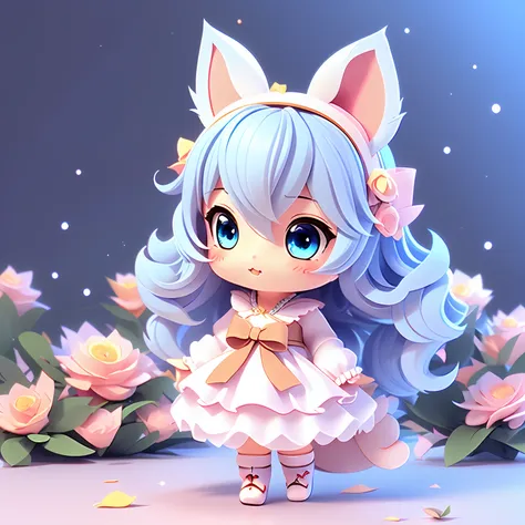 1girl, animal ears, tail, chibi, white hair, cat ears, solo, cat tail, long hair, hair ornament, cat girl, virtual youtuber, dre...