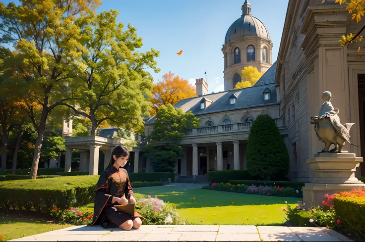 Young magician training a dragon, beautiful garden with flowers an trees, autumn day, traditional Academic building as background, fish eye lens, highly detailed.