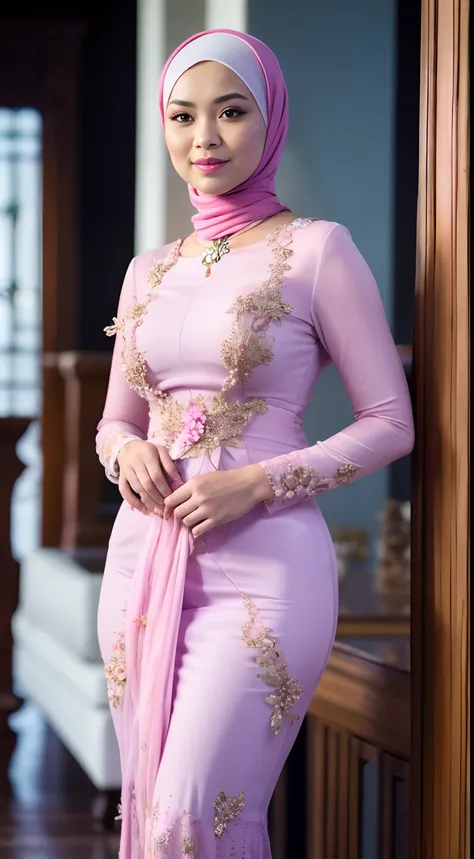 raw, best quality, high resolution, masterpiece: 1.3), beautiful malay woman in hijab, masterpiece, perfect slim body, (big brea...