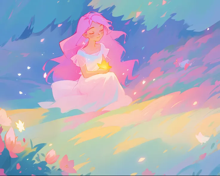 beautiful girl in white dress, fairy dress, beautiful girl sitting in a field with pink red flowers, glowing lights, whimsical landscape, long pink flowing hair, watercolor illustration, inspired by Glen Keane, inspired by Lois van Baarle, disney art style...