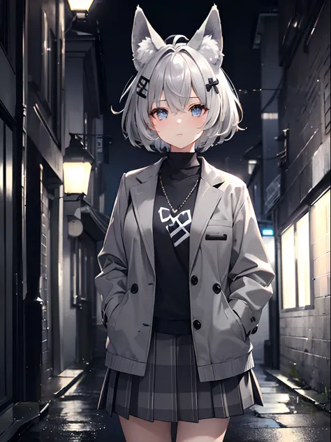 (masterpiece,best quality,ultra-detailed),1girl,grey striped skirt,grey jacket,short hair,very messy hair,messy hairstyle,(fox ears),beautiful eyes,in a alleyway, night,(grey theme),(pastel colors theme)