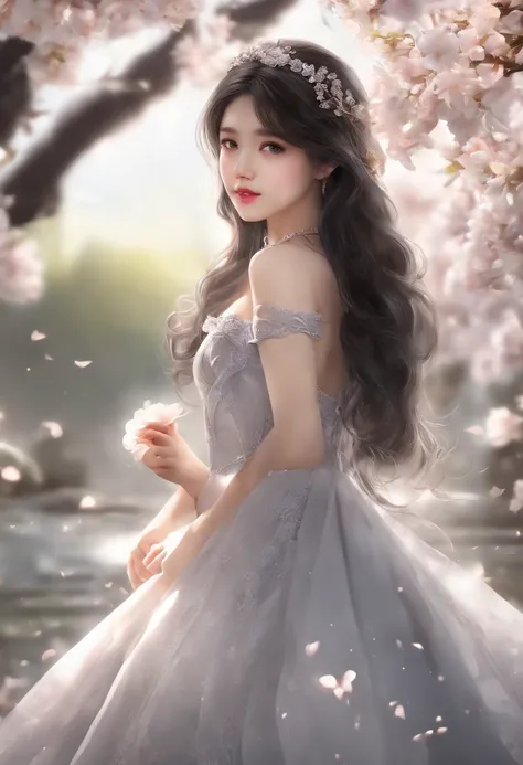 (little girl:1.5),lace,ribbon,(masterpiece, sidelighting, finely detailed beautiful gray eyes: 1.2), medium breast, realistic, glowing eyes,shiny hair,black hair,long long hair, lustrous skin, solo, embarassed,Strapless,exquisite,beautifly,garden,flowers,f...