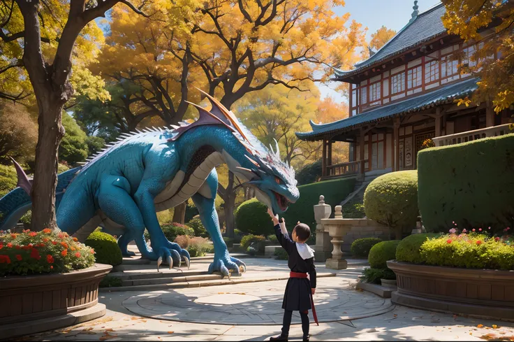 young magician training a dragon, beautiful garden with flowers an trees, autumn day, traditional academic building as backgroun...