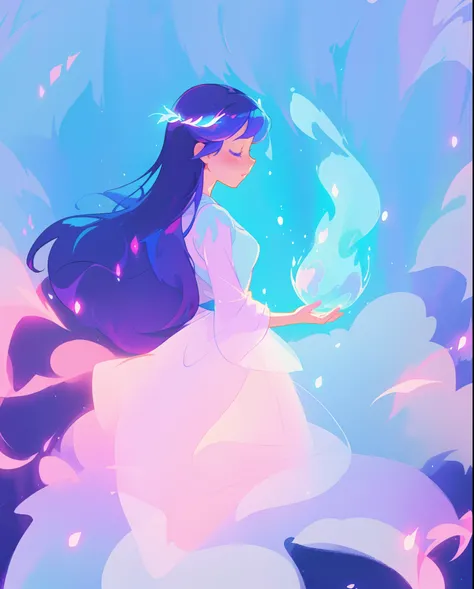 beautiful girl in puffy white ballgown, long dark hair, magical glowing blue lights coming from her hands, magical, whimsical, blue pink and purple colors, watercolor illustration, inspired by Glen Keane, inspired by Lois van Baarle, disney art style, by L...