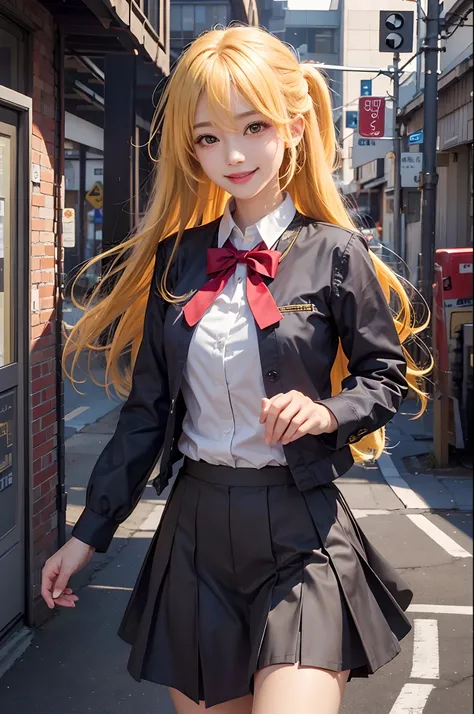 Realistic, Ruby Hoshino, (oshi no ko), masterpiece, high quality, ultra detail, yellow hair, smile