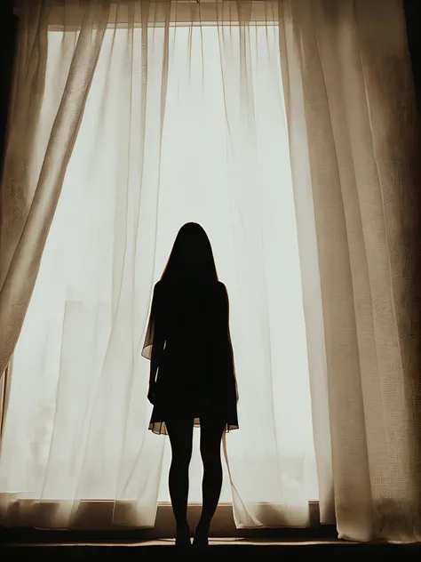 A young woman in a silhouette in a suit, beyond the thick veil stretched in the room, her room, front