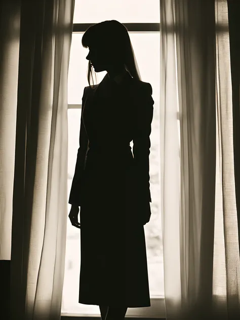 A young woman in a silhouette in a suit, beyond the thick veil stretched in the room, her room, front