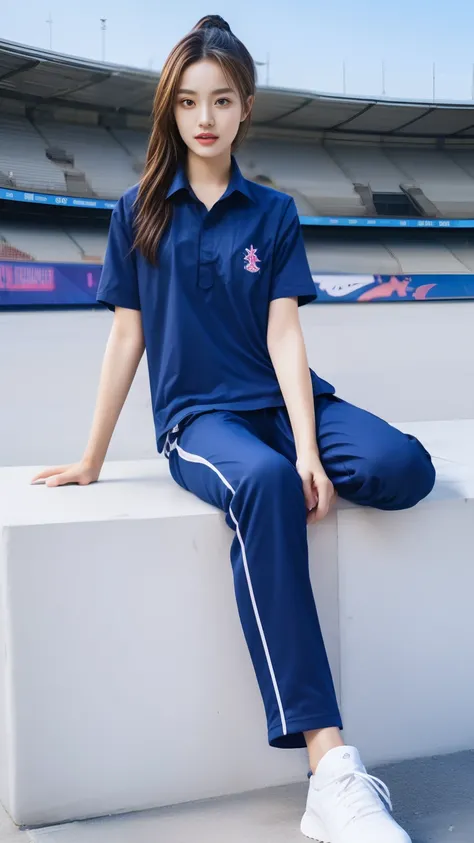 (bestquality,10,10,highres,masterpiece:1.2),ultra-detail,(Realistic,photorealistic portrait,photo-realistic:1.37),1 cute girl sitting on the football field,oily shiny skin,bara,light smile,BDclothes,((blue shirt:1.3)),short sleeves,shirt, trousers.,(navy_l...