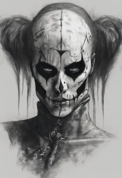 A sketch drawing of the harlequin character, caveira, hyper-realistic, artistic, tudo preto e branco