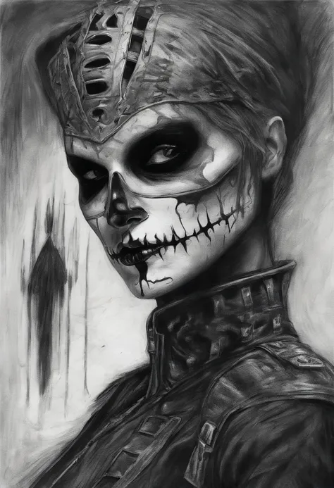 A sketch drawing of the harlequin character, caveira, hyper-realistic, artistic, tudo preto e branco