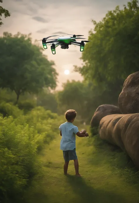 A kid playing with a future drone where its a green atmosphere every where trees,in the year 2050 high tech city of new work City,sheet from where we can seen our moon is very near to the city