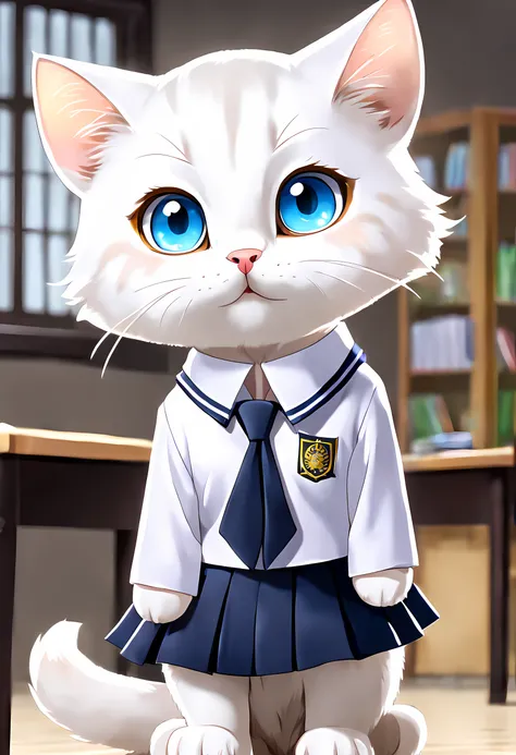 1 cute white cat,((((Wearing a school uniform)))),Full-body figure,Looking at the front,An ultra-high picture quality,animesque,Blue eyes,(((Collar)))