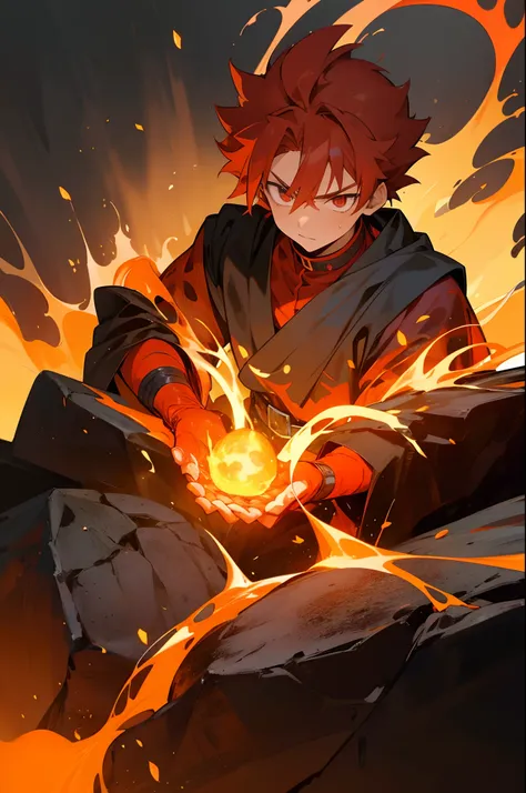 15 years old anime character with lava and flames in a room, lava mage, he is in a lava mountain, holy lava spell art, casting lava spell, thin young male , lava spell, lava with rock background, flame spell, fire behind him, badass anime 8 k, lava!! full ...