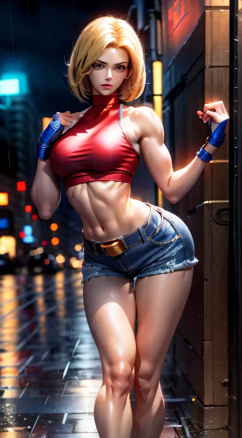 (((Masterpiece))),
((Blue Mary)) cosplay, best quality, (beauty), 20 year old girl face, pretty face, red crop top, red blouse, (((very short womens denim shorts))), Physics-based rendering, ultra highres, waist narrow, slim, big eyes, long muscular legs, ...