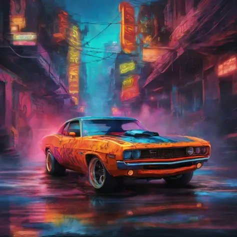 colorful muscle car, greyed out dystopian city, blowing colors out of its tailpipe, give color back to the city, illustration, ultra-detailed, realistic, vibrant colors, studio lighting, urban landscape, high-res, HDR, dynamic lighting, smoke, smog, abando...