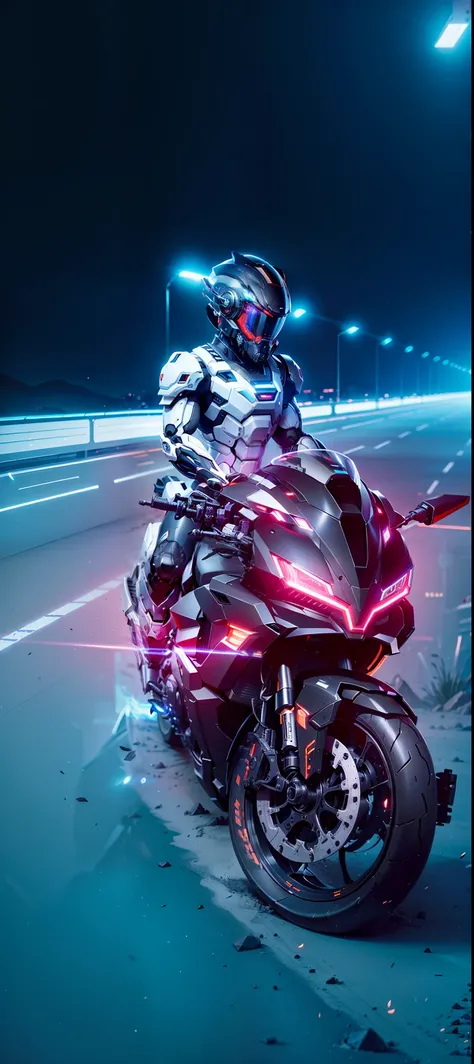 Handsome full body black mecha white short hair cyber handsome warrior, black cyber mechanical motorcycle, high-tech black full surround helmet, white short hair, Nousr, biomechanics, MSHN robot man, high-tech helmet, surreal, steel, complex design, crazy ...