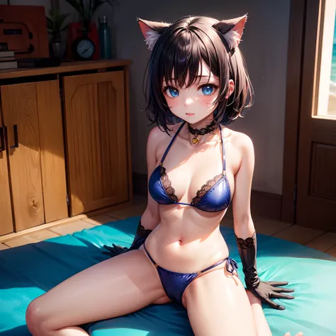 realisitic、top-quality、sit on beach、((One Woman:1.5))、black hair、short hair、cat ears、blue eyes、inside in room、orange PVC Bikini、Lace gloves、Medium chest