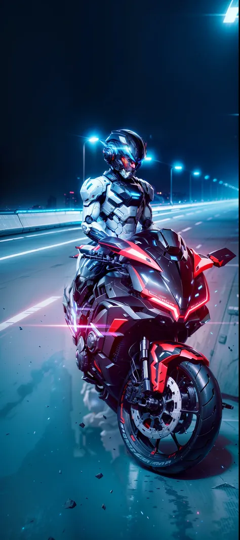 Handsome full body black mecha white short hair cyber handsome warrior, black cyber mechanical motorcycle, high-tech black full surround helmet, white short hair, Nousr, biomechanics, MSHN robot man, high-tech helmet, surreal, steel, complex design, crazy ...