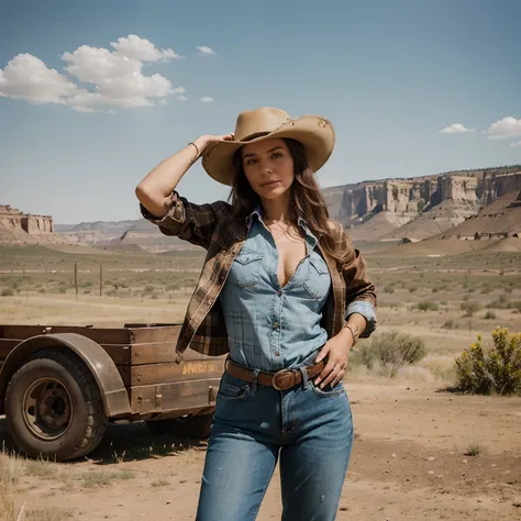 Produisez une image dune femme cowgirl, dressed in an iconic outfit from the Wild West. The woman is elegant and authentic, portant un chapeau de cowgirl, a plaid shirt, Leather boots and faded jeans. It is set in a setting that evokes the American West, w...