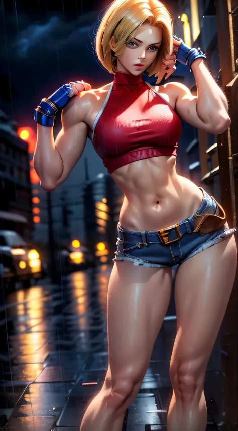 (((Masterpiece))),
((Blue Mary)) game, best quality, (beauty), 20 year old girl face, pretty face, red crop top, red blouse, (((very short womens denim shorts))), Physics-based rendering, ultra highres, waist narrow, slim, big eyes, long muscular legs, (me...