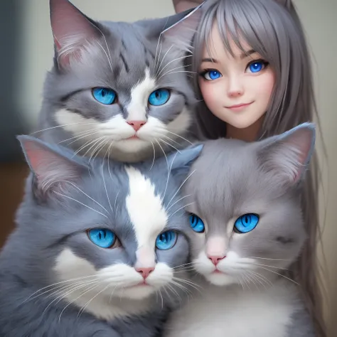 Anthropomorphic cat girl gray fur blue eyes