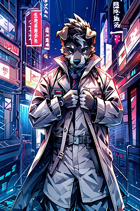 (man in a trench coat)comic strip、anthropomorphic schnauzer dog、cyberpunked