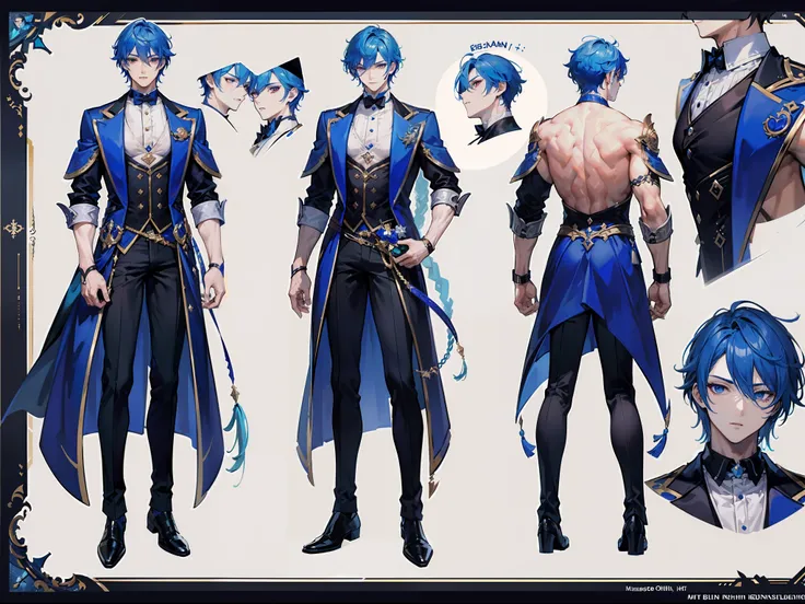 ((Masterpiece, Highest quality)), Male, boy, Detailed face, character design sheet，full body esbian, Full of details, frontal body view, back body view, Highly detailed, Depth, Many parts, Muscle boy with blue hair，handsome man, vampire outfit clothes, Gen...